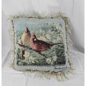 Gorgeous Tapestry Throw Pillow Features Winter Scene w/ 2‎ Cardinals on a branch